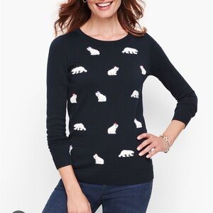 NEW Talbots Petites Mini Polar Bear Sweater Navy Long Sleeve Crew Neck Size P
